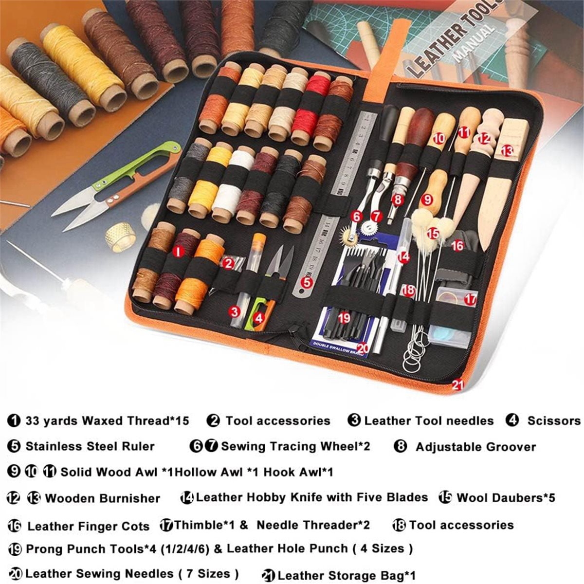 Beginner Leatherwork Kit - 66Pcs Leather Working Tools Kit with
